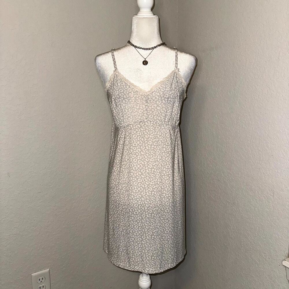 Rene Rofe Slip Dress Women XL Beige Gray Leopard Print Spaghetti Strap Sleepwear